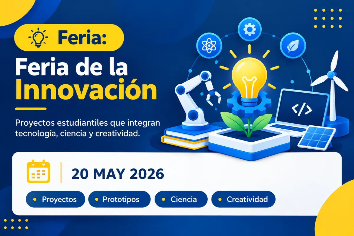 Ilustración de la Feria de la Innovación con stands de proyectos