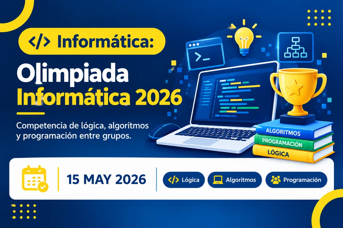 Ilustración de la Olimpiada Informática: medalla y rondas de la competencia